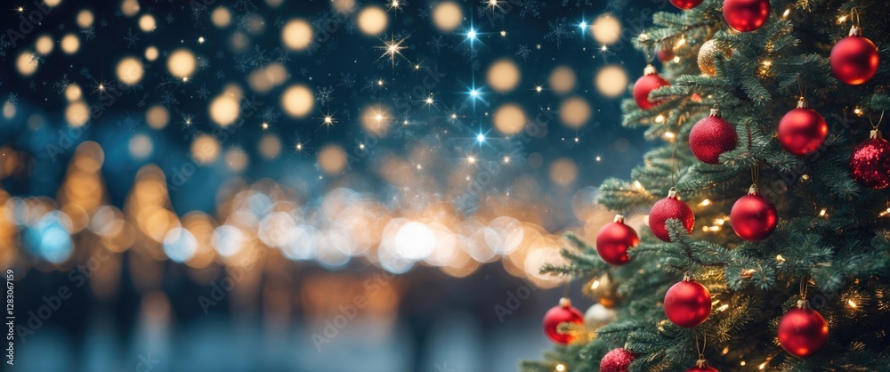 Aufkleber Christmas tree adorned with red ornaments and illuminated by soft bokeh lights creating a festive and magical holiday atmosphere.