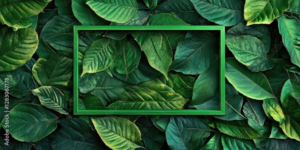 Aufkleber lush green leaves background with various shades of green, framed by a bold green rectangular border