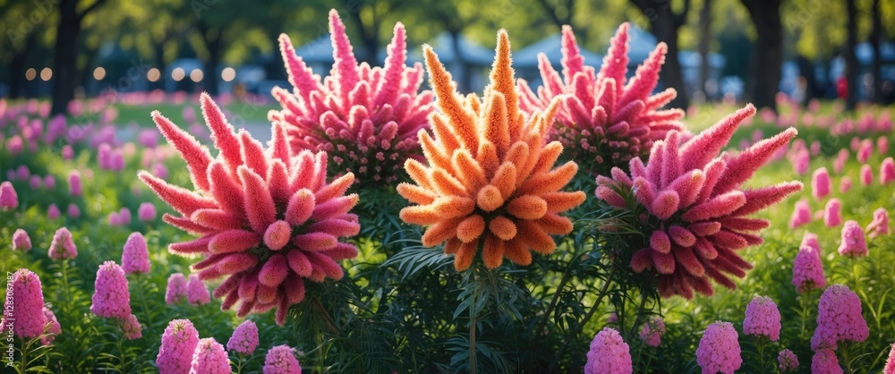 Poster vibrant cockscomb flowers in a colorful park setting showcasing their unique texture and striking co