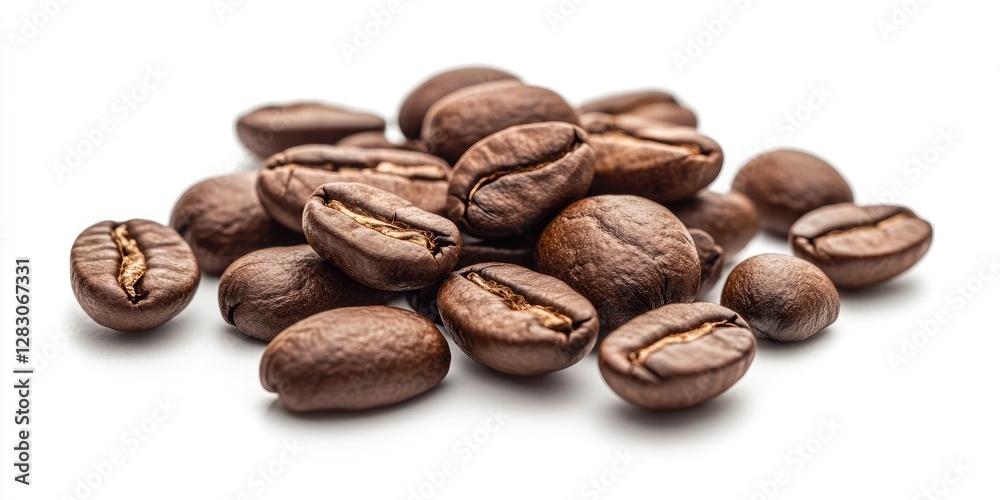 Poster close-up of glossy dark brown coffee beans arranged haphazardly on a clean white background creating