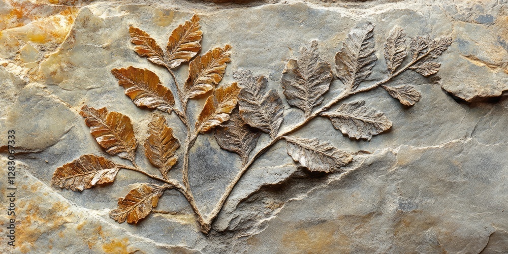Poster Fossilized fern leaves embedded in stone showcasing intricate details and earthy tones of brown and gray against a textured background.