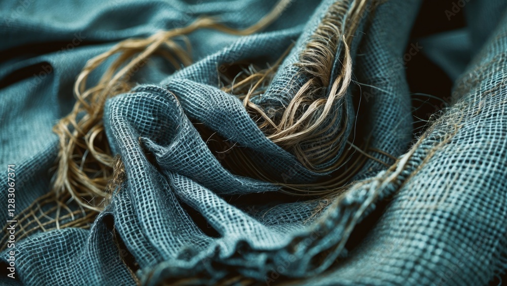 Poster Close-up view of textured gray burlap fabric showcasing natural fibers and intricate weaving patterns for design and textile projects.