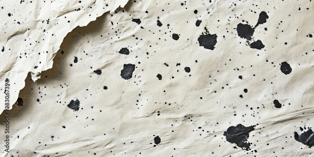 Leinwandbilder Textured cream recycled paper background featuring irregular black spots scattered throughout the surface creating a rustic and eco-friendly aesthetic.