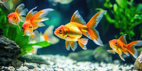Fototapeta premium Golden orange goldfish swimming gracefully in a vibrant aquarium surrounded by lush green plants and pebbles, with a blurred background.