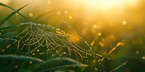 Delicate spider web adorned with morning dew drops on green grass illuminated by soft golden sunlight creating a serene natural scene