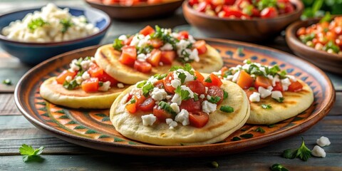 Colorful plate with steaming traditional Salvadoran pupusas topped with curtido and tomato salsa, finished with a sprinkle of queso fresco , plate, Latin American cuisine