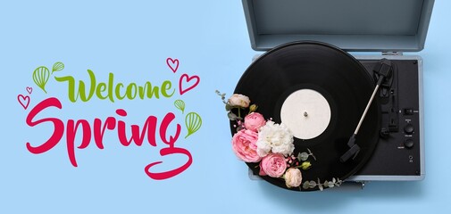 Banner with text HELLO SPRING, vintage music record player and flowers