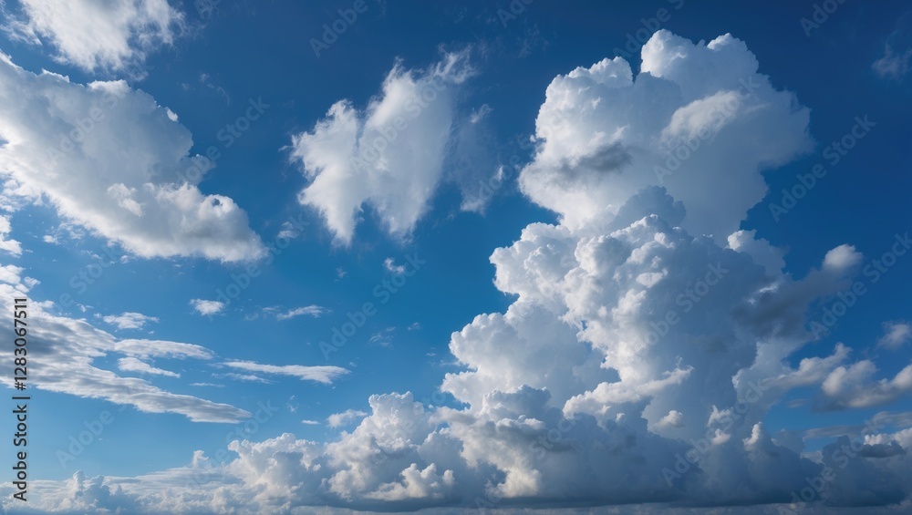 Poster cumulus clouds scattered against a vibrant blue sky creating a serene natural landscape ideal for re
