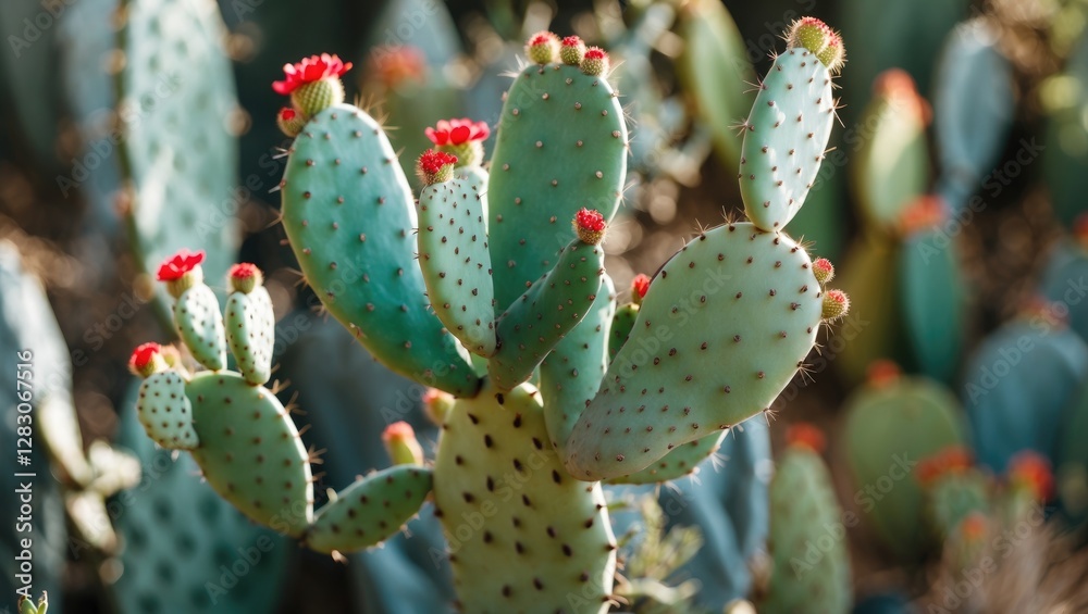 Poster vibrant close-up of prickly pear cactus with colorful blooms against a natural background