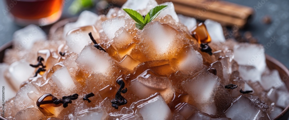 Poster Close Up View of Refreshing Tea Shaved Ice Garnished with Mint Leaves and Spices on a Dark Background with Space for Text