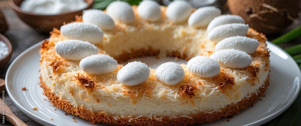 Poster coconut cake adorned with whipped cream and toasted coconut on a white plate surrounded by rustic el