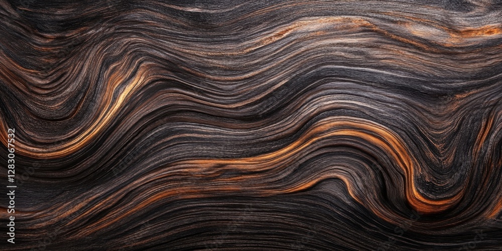 Poster elegant dark wooden texture showcasing rich brown and orange wavy patterns, with a smooth surface fl