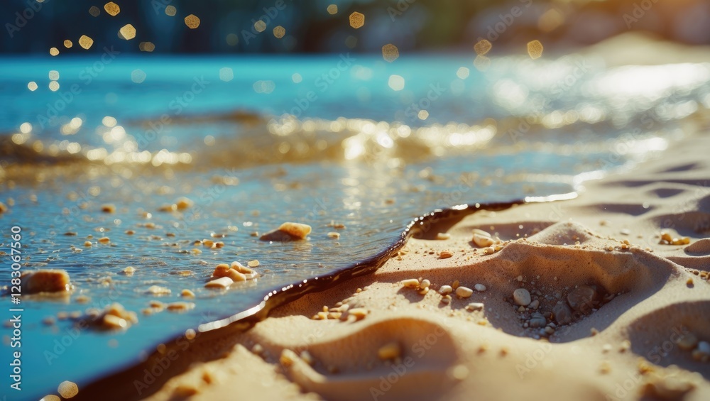 Poster serene beachscape with detailed close-up of water gently lapping at sandy shore, showcasing natural 