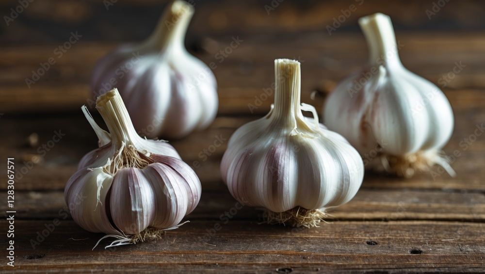 Poster close up of fresh garlic bulbs arranged on a rustic wooden surface showcasing texture and details of