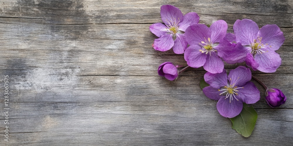 Poster purple flowers in full bloom placed on a rustic aged wooden surface with soft gray tones and natural