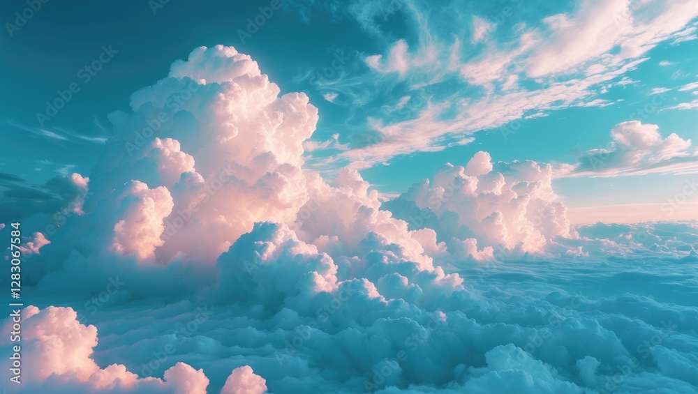 Aufkleber Serene cloudscape featuring vibrant white clouds against a blue sky creating an abstract and dreamy atmosphere. Ideal for backgrounds and designs.