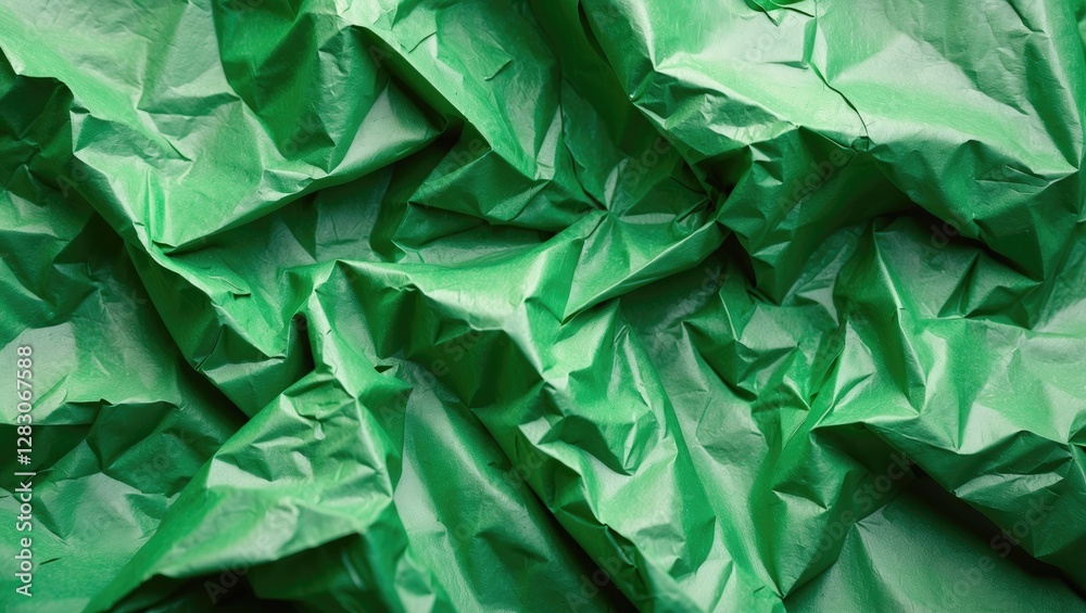 Poster textured closeup of vibrant green crumpled paper background for creative applications in design and 