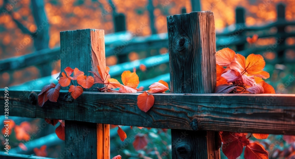 Poster autumn leaves cascading over rustic wooden fence in vibrant forest setting showcasing seasonal color
