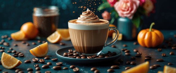Delicious coffee latte topped with whipped cream surrounded by coffee beans and orange slices on a dark textured background.