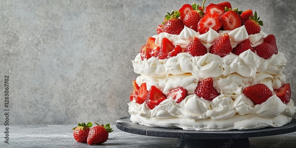 Poster multilayered pavlova cake topped with strawberries and whipped cream on a round black stand against 