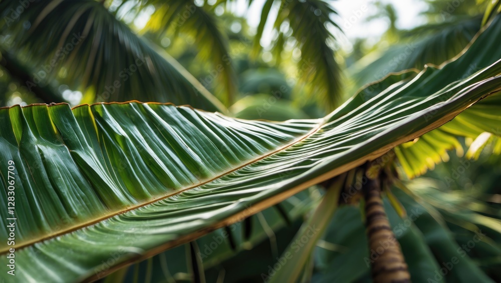 Poster lush close-up view of a vibrant coconut leaf showcasing intricate textures and natural greenery in a