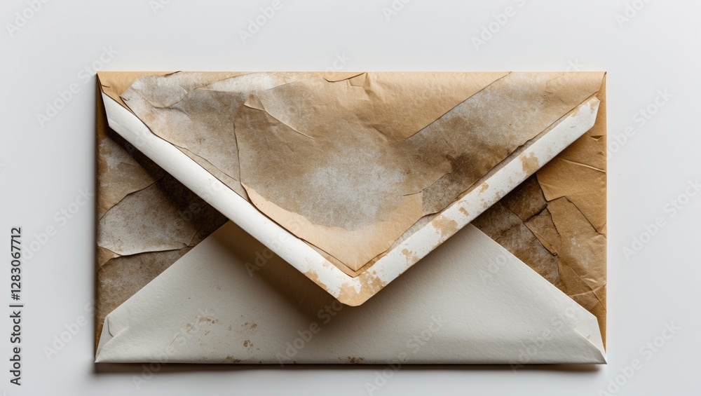 Poster close up of an aged paper envelope with a grunge texture on a white background showcasing vintage st