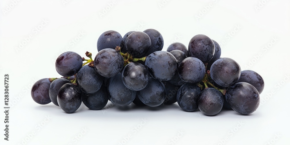 Poster fresh dark purple grapes arranged in a cluster on a light neutral background showcasing their plump 