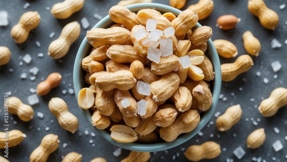 Poster closeup image of roasted salted peanuts in a bowl surrounded by loose peanuts and sea salt on a dark