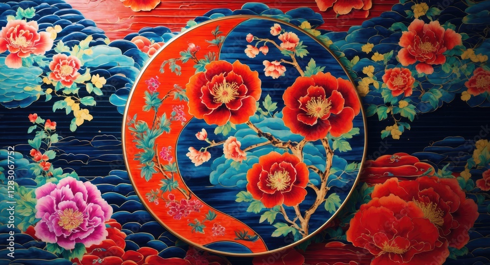 Poster vibrant chinese ceramic painting featuring bold floral patterns and rich colors creating a striking 