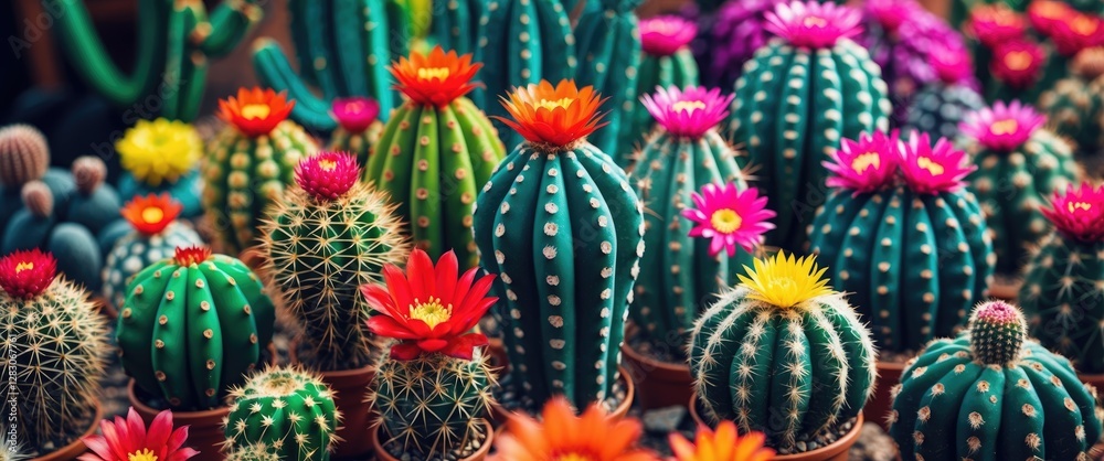 Poster Vibrant display of assorted cactus varieties in bloom showcasing colorful flowers in a lush garden setting.