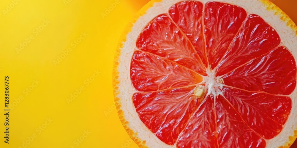 Aufkleber Freshly cut segment of red grapefruit displayed on vibrant yellow background showcasing juicy texture and vivid colors with bright illumination.