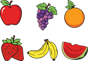 a collection of fruit illustration images consisting of apple, grapes, orange, strawberry, banana, and watermelon, vector file and easy to edit