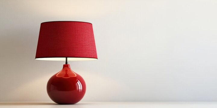 Elegant red table lamp with a round base and textured shade positioned on a light wooden surface against a plain white background showcasing modern design.