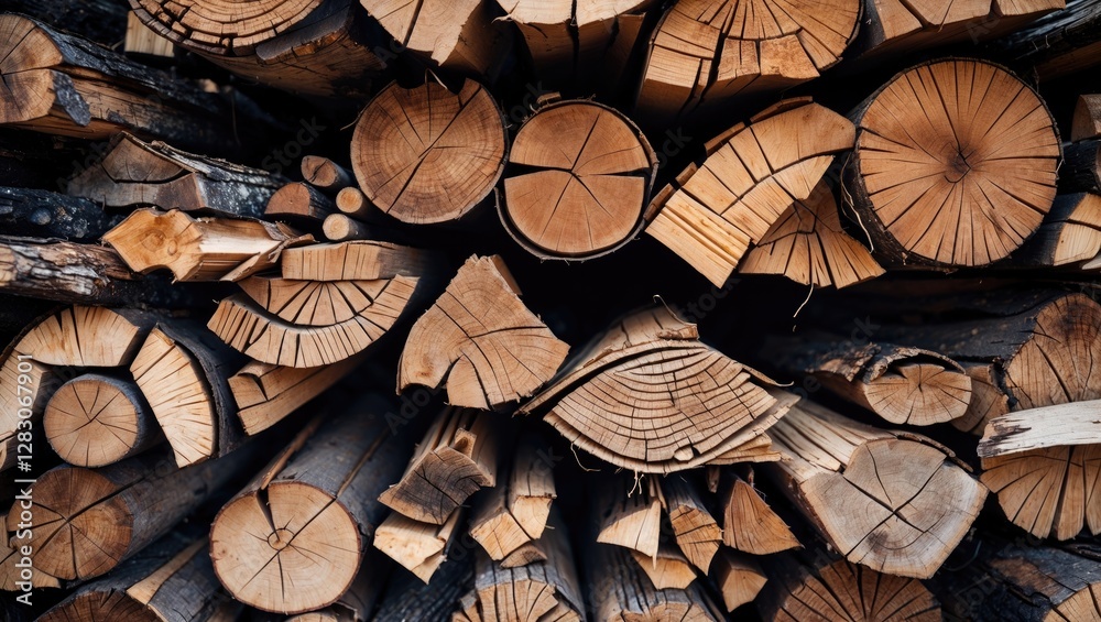 Poster Closeup of a stacked firewood arrangement showcasing assorted lumber textures and patterns with selective focus on the wooden pieces.