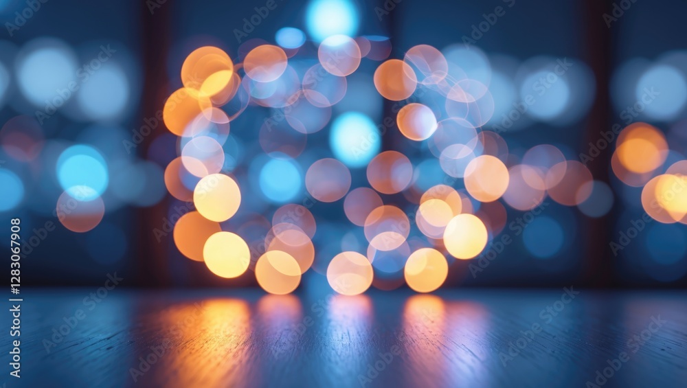 Aufkleber Colorful bokeh lights creating a soft blurred background on a wooden surface ideal for computer screen images and artistic designs.