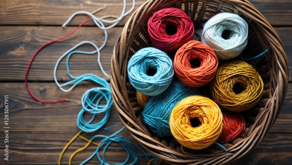 Aufkleber Vibrant assortment of colored knitting threads arranged in a basket on a rustic wooden background for craft enthusiasts and creative projects.