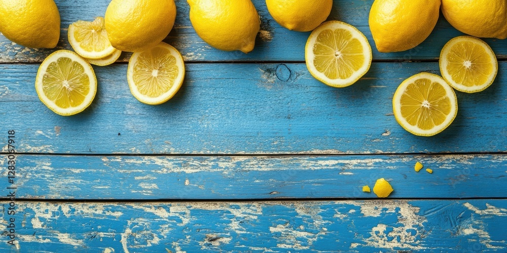 Poster bright yellow lemons and lemon slices on a rustic blue wooden background, with whole lemons clustere