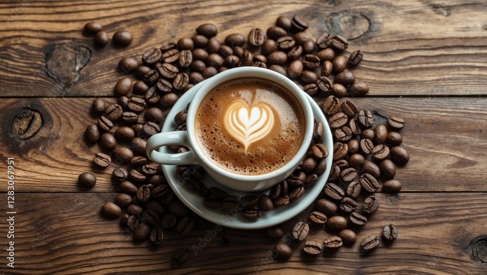 Poster coffee cup with latte art surrounded by roasted coffee beans on a rustic wooden surface with space f
