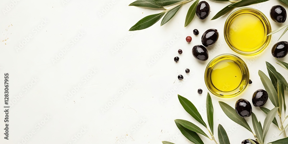 Poster olive branch with dark green olives and bowls of golden olive oil on a light backdrop ample space fo