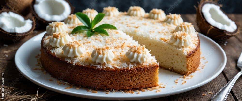 Poster delicious coconut cake topped with whipped cream and toasted coconut flakes on a white plate with fr