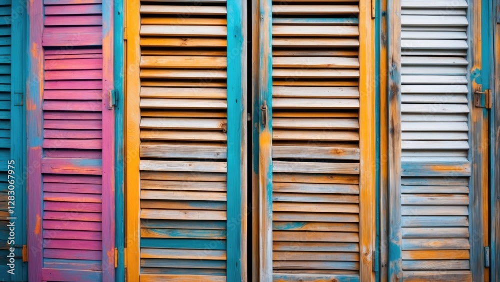 Poster colorful closed wooden shutters arranged in a row showcasing a variety of weathered textures and vib