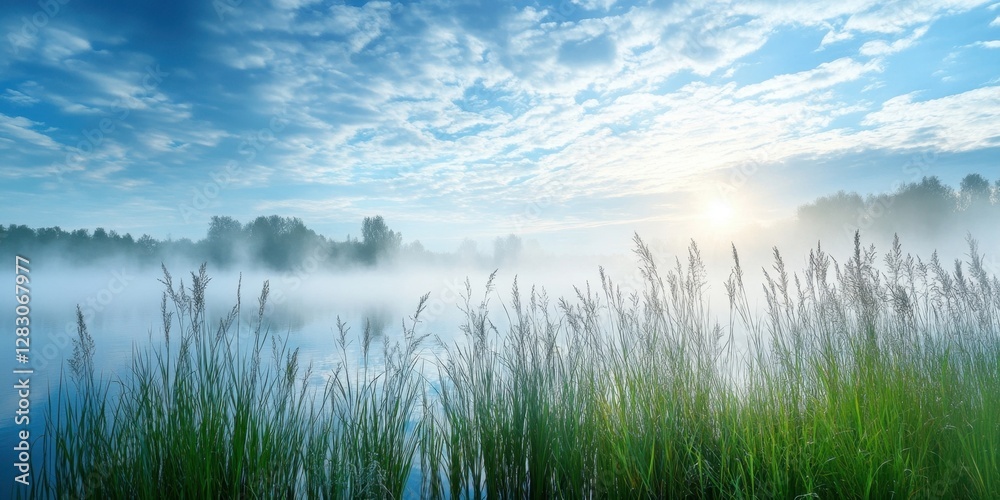 Poster serene foggy lake at sunrise with tall green reeds in foreground and bright blue sky with clouds ref