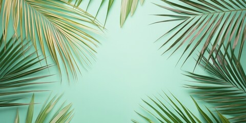 Obraz premium Tropical palm leaves in various shades of green positioned around a serene pastel green backdrop creating a natural frame for design elements.