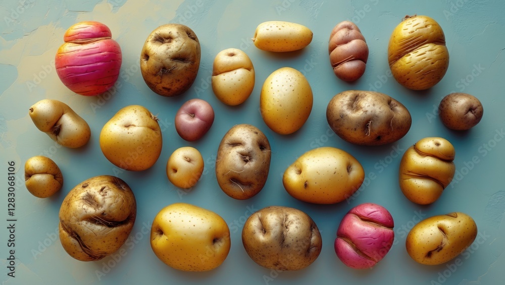 Poster colorful assortment of bolivian and peruvian baby potatoes arranged in flat lay style showcasing uni