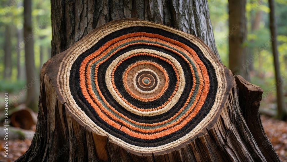 Poster Intricate Circular Pattern on a Large Tree Stump Surrounded by Dense Forest Foliage Creating a Beautiful Natural Composition