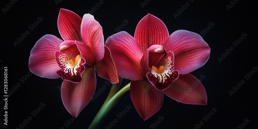 Poster exquisite macro shot of two vibrant pink orchids on a black background highlighting intricate detail