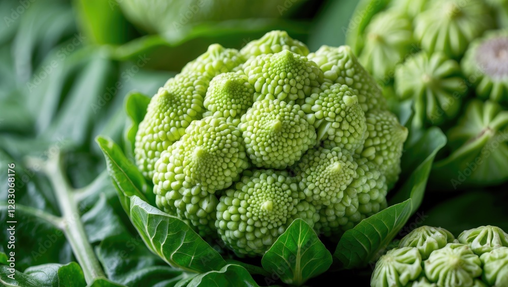 Poster closeup of fresh raw romanesco cauliflower surrounded by green leaves showcasing its unique fractal 
