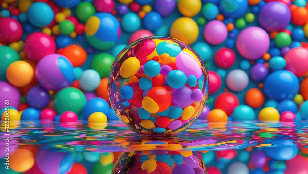 Poster Colorful transparent ball reflecting vibrant playful orbs with a lively backdrop of patterned circles in a creative and fun environment.