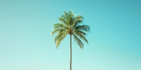 Obraz premium Lone palm tree with lush green fronds positioned centrally against a tranquil light blue sky, illustrating natural beauty and serenity.