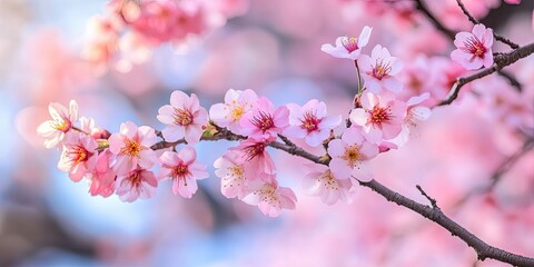 Obraz premium Delicate pink cherry blossoms frame a graceful branch, with soft pastel bokeh background enhancing their beauty and tranquility in springtime bloom.